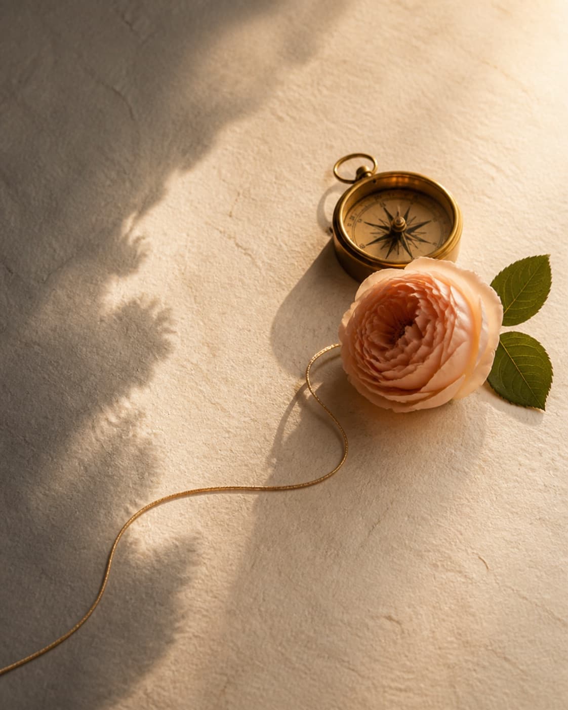 Goldener Faden führt aus weichem Schatten zu einem Messingkompass und einer pfirsichfarbenen Rose im Licht.