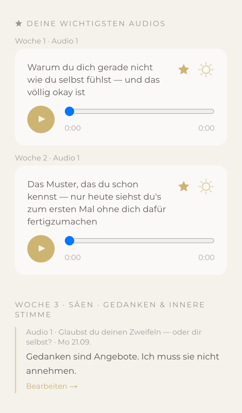 Das Archiv „Was du bisher gelernt hast“ in der Kurs-App mit den eigenen Erkenntnissen aus den Wochen.