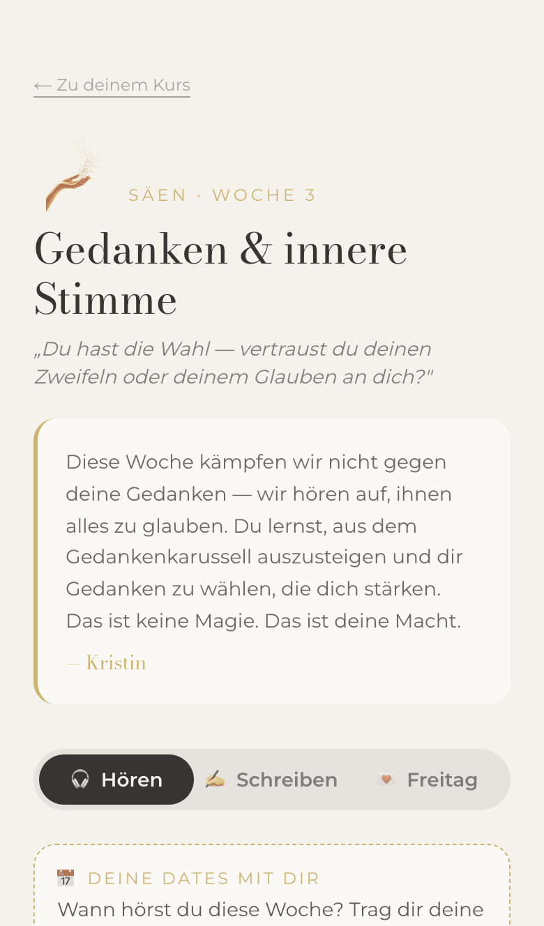 Eine Kurswoche in der App mit Kristins Begrüßung und den Reitern Hören, Schreiben und Freitag.