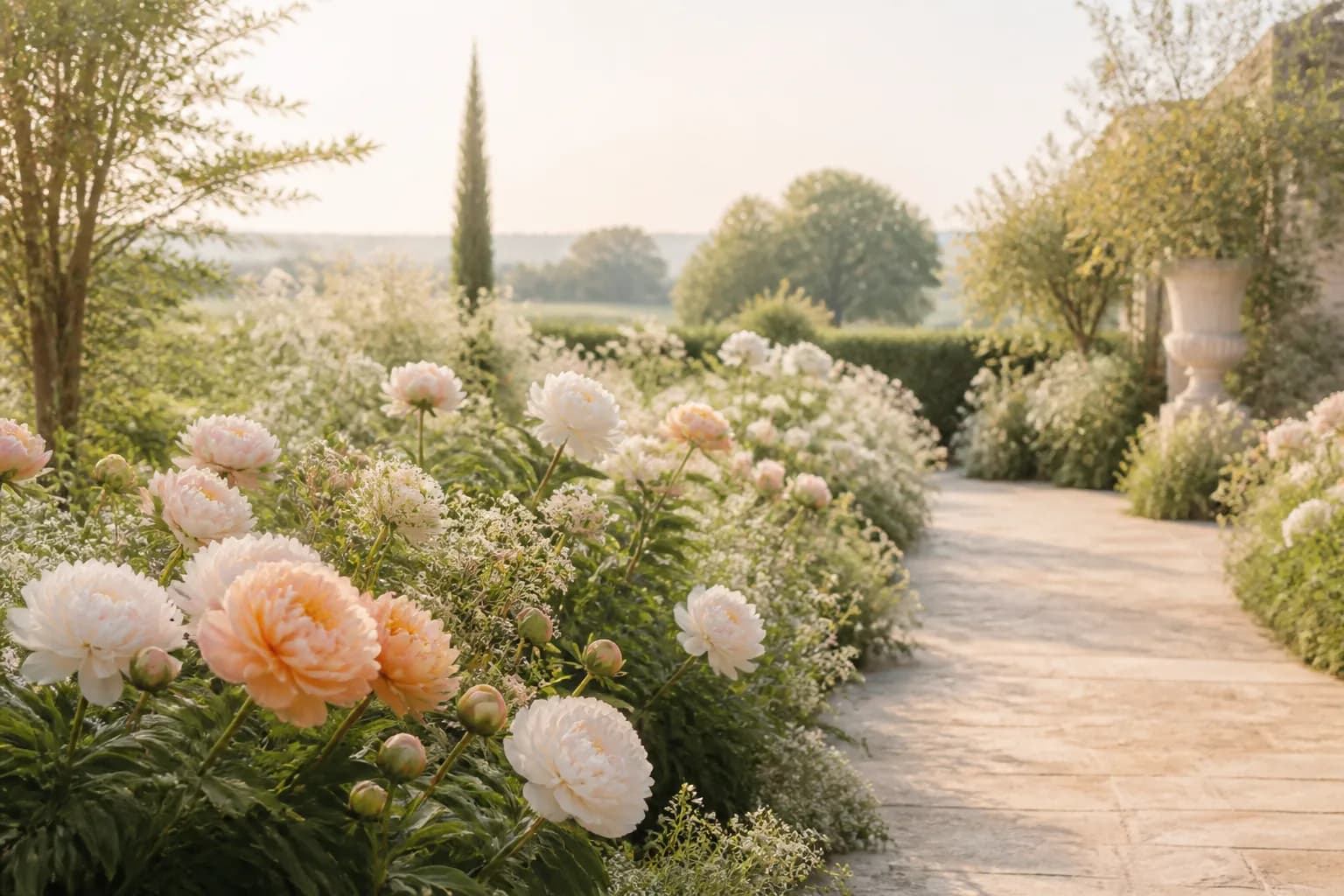 Ein heller Pfingstrosengarten in Creme und Apricot im weichen Morgenlicht.