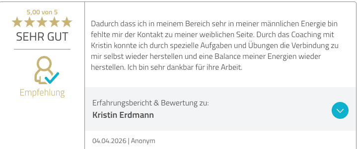 Bewertung vom 4. April 2026 über die wiederhergestellte Verbindung zu sich selbst durch Kristins Aufgaben und Übungen.