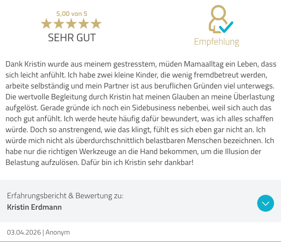Bewertung vom 3. April 2026 — Dank Kristin wurde aus meinem gestressten, müden Mamaalltag ein Leben, das sich leicht anfühlt.