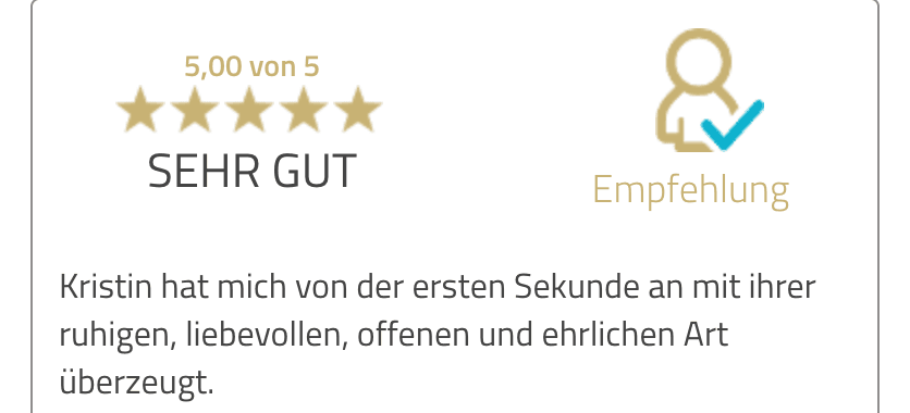 Ausschnitt der ProvenExpert-Erfahrung vom 4. April 2026: fünf von fünf Punkten und der erste Satz über Kristins ruhige, ehrliche Art.