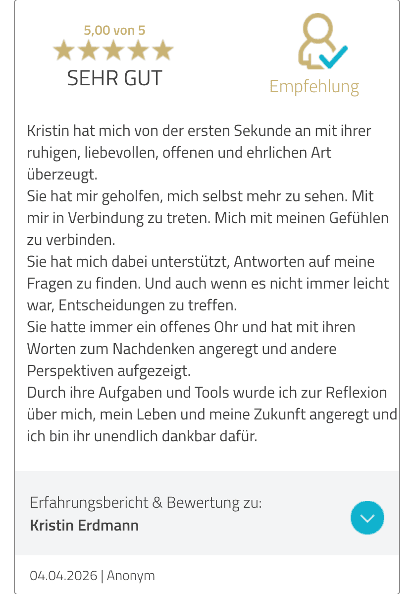 Screenshot einer öffentlich veröffentlichten ProvenExpert-Erfahrung vom 4. April 2026 über Kristins ruhige Begleitung und Hilfe beim Finden eigener Antworten.