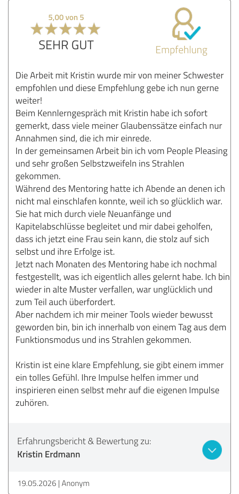 Screenshot einer öffentlich veröffentlichten ProvenExpert-Erfahrung vom 19. Mai 2026 über den Umgang mit alten Mustern und Kristins Impulse.