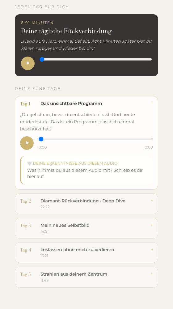 Die fünf Kurstage in der App, darüber die tägliche Rückverbindung.