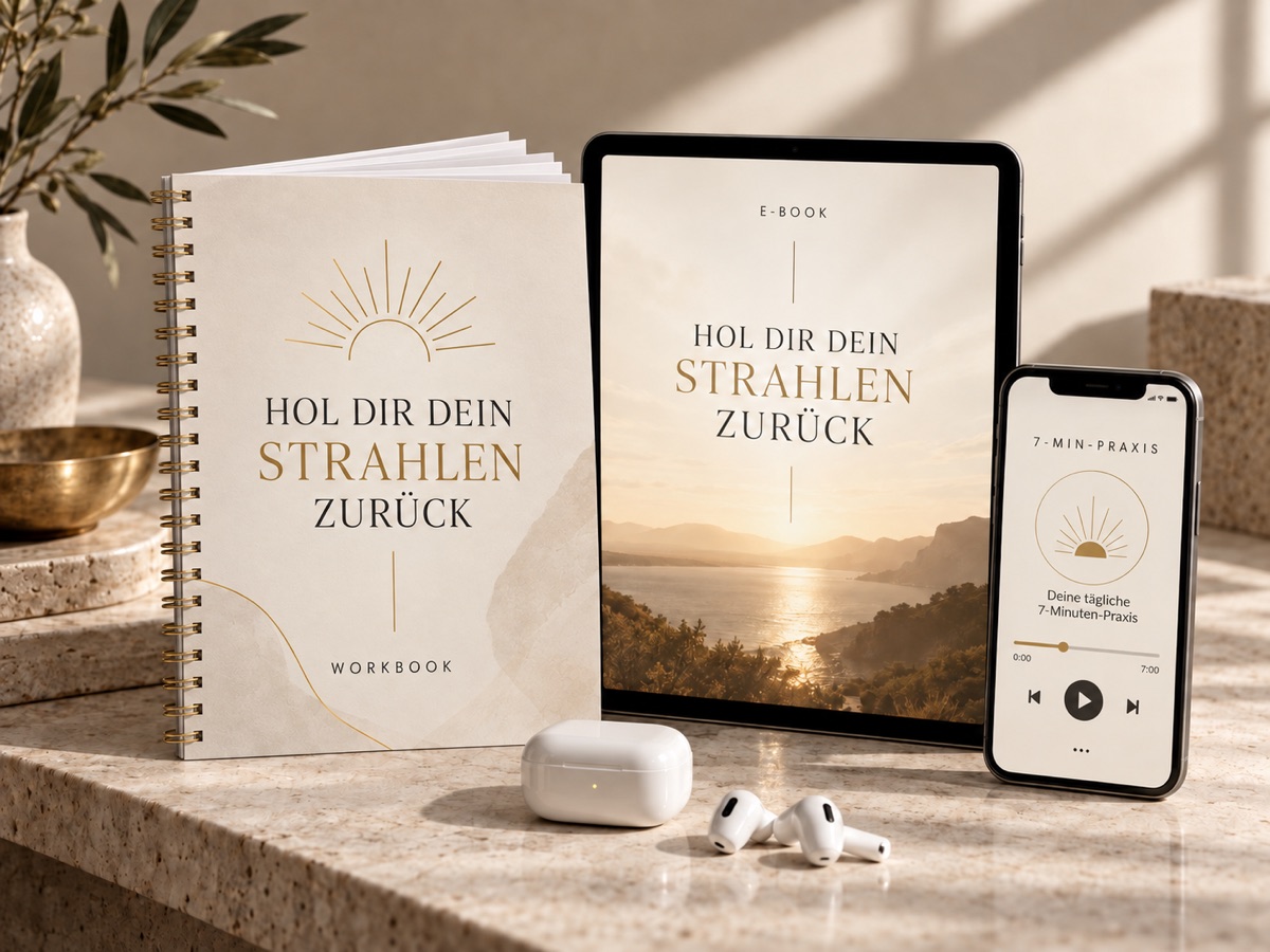Kurs-Mock-up mit Workbook, E-Book auf einem Tablet und der täglichen Acht-Minuten-Praxis auf einem Smartphone